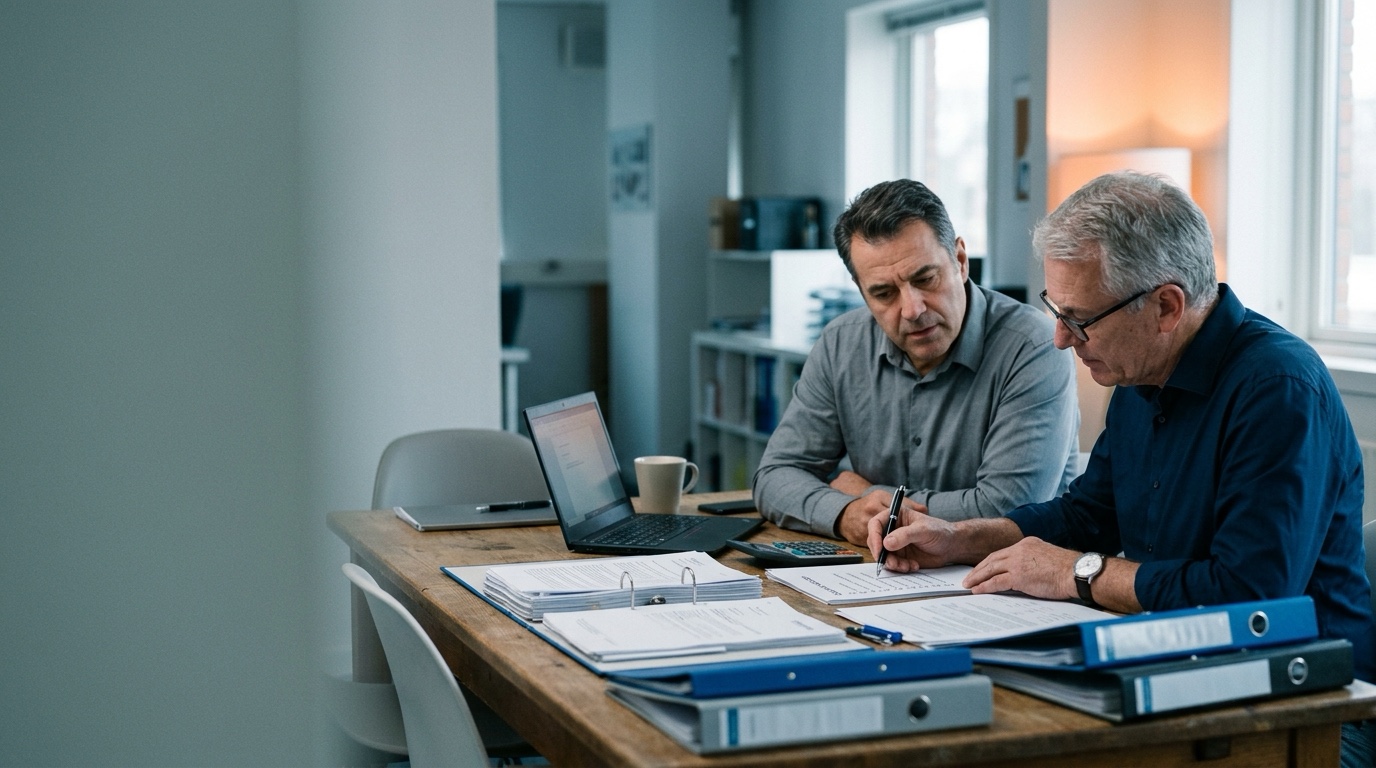 A business owner and an advisor working through compliance paperwork