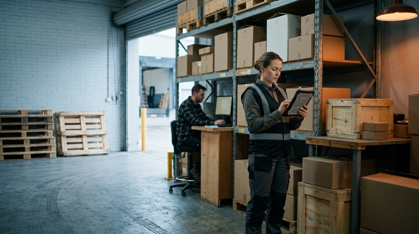 A worker checking stock on a tablet in a small trade business