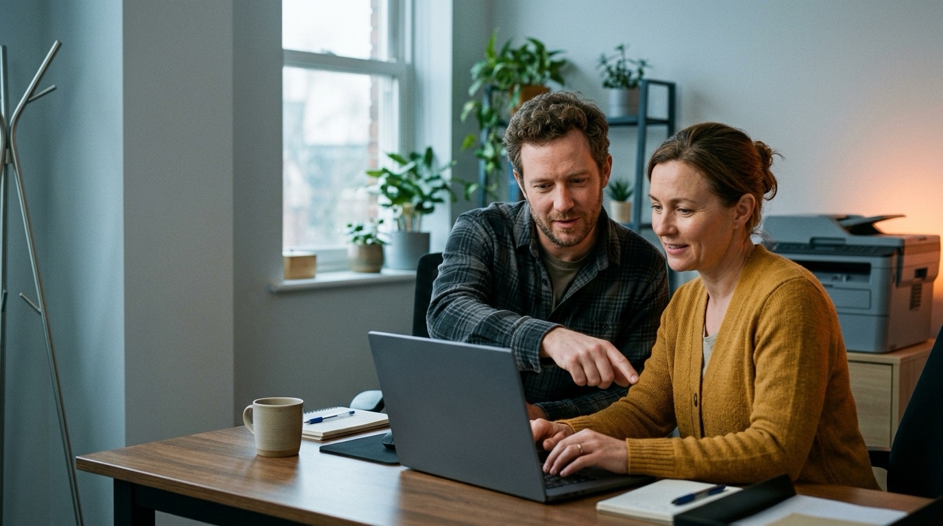 An IT support specialist helping a colleague at their desk