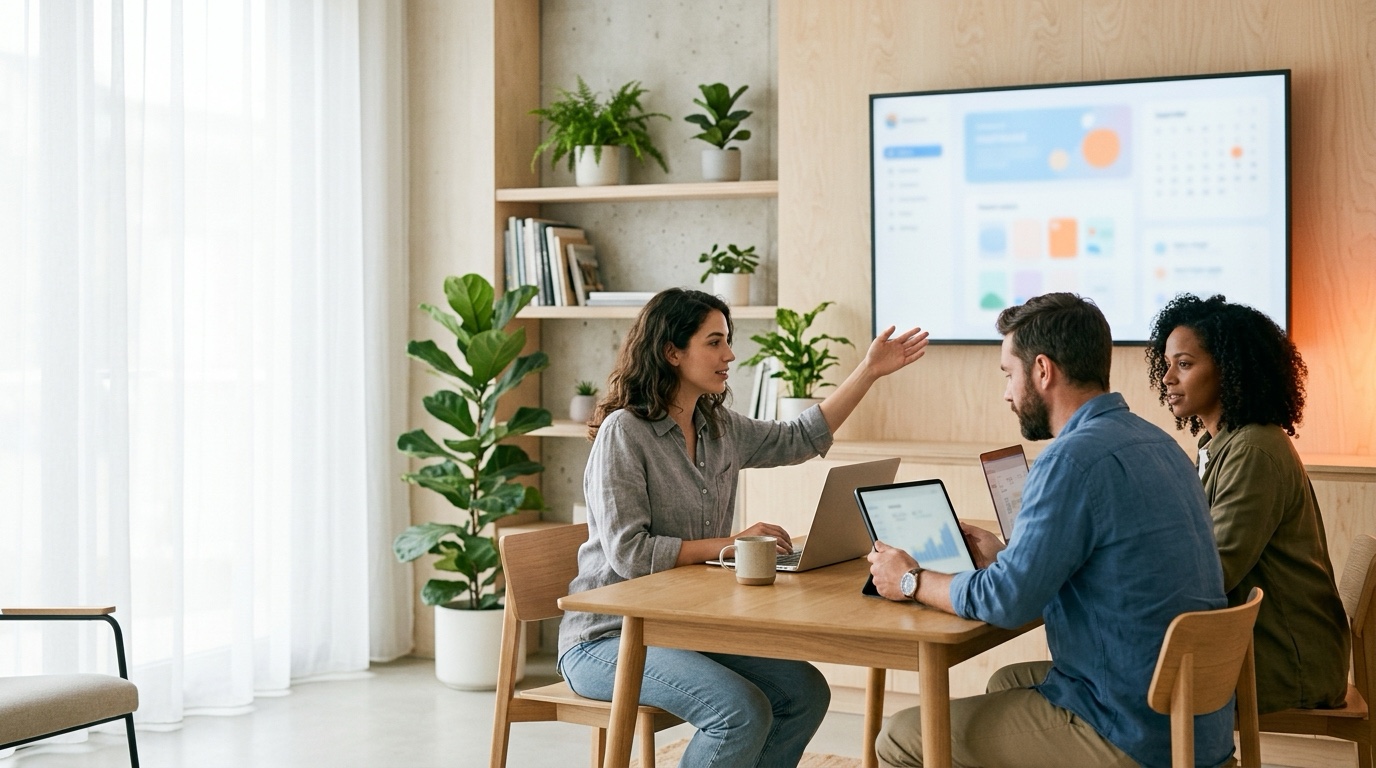 A small team collaborating around laptops and a shared wall screen