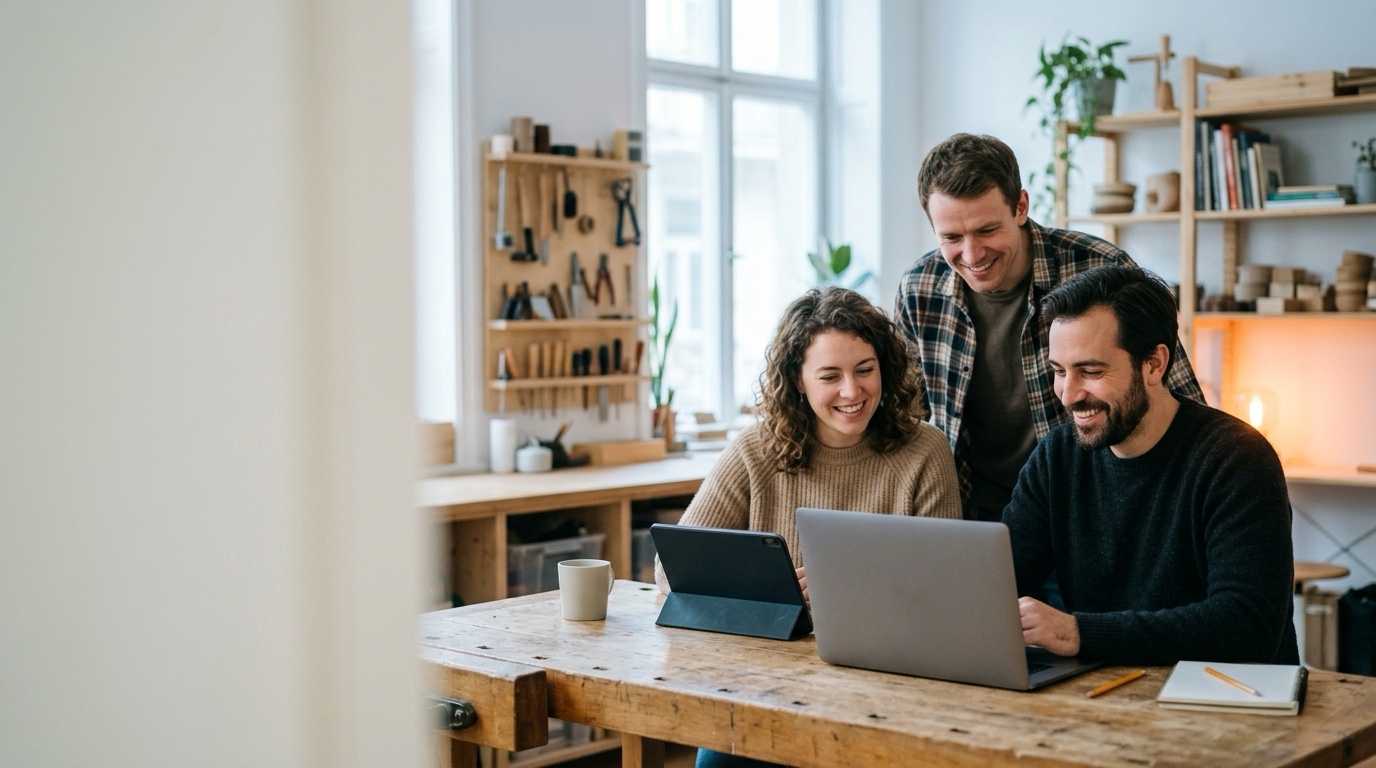 A small business team working together with everyday technology in their workshop